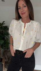 Carmen Blouse, White with Gold Dots