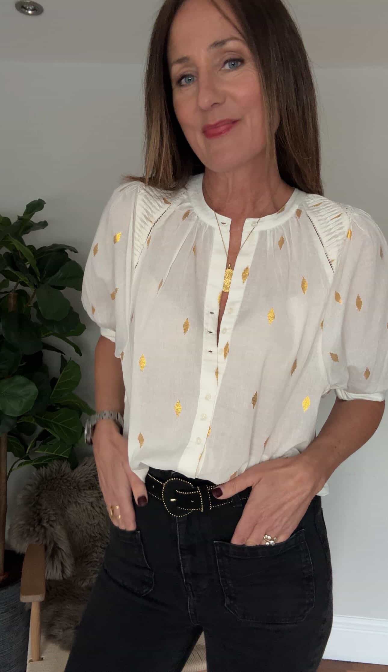 Carmen Blouse, White with Gold Dots