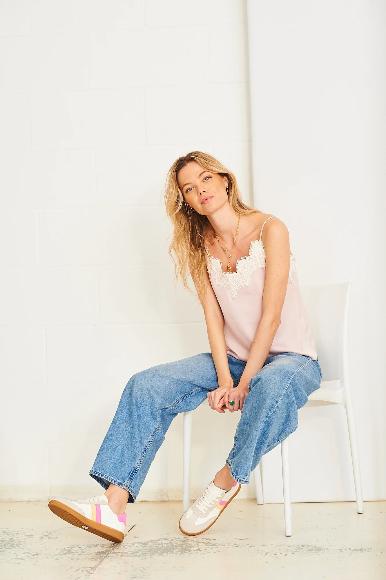 Pia Contrast Camisole, Pink & Cream