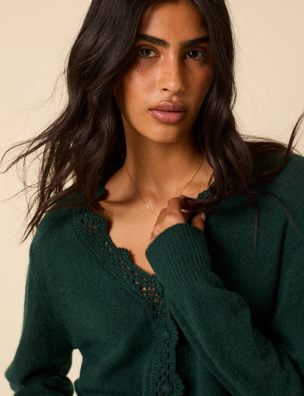 Elodie Wool Blend Crochet Trim Cardigan, Dark Green