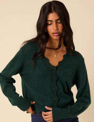 Elodie Wool Blend Crochet Trim Cardigan, Dark Green