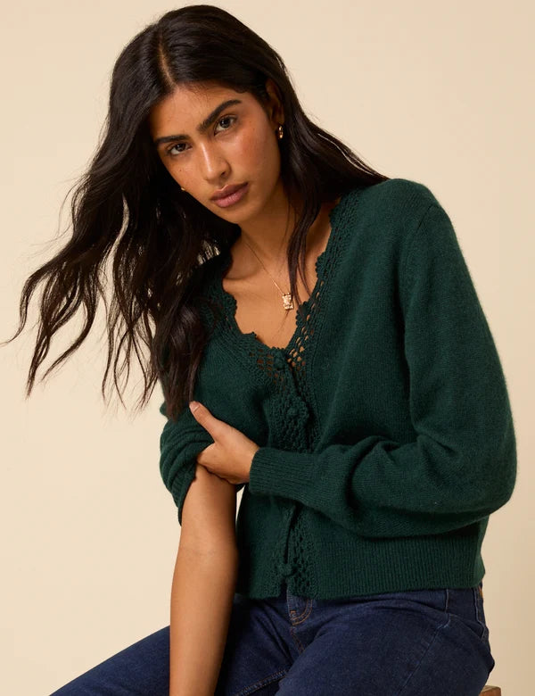 Elodie Wool Blend Crochet Trim Cardigan, Dark Green