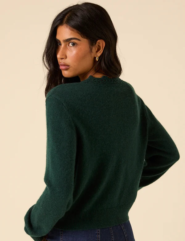 Elodie Wool Blend Crochet Trim Cardigan, Dark Green