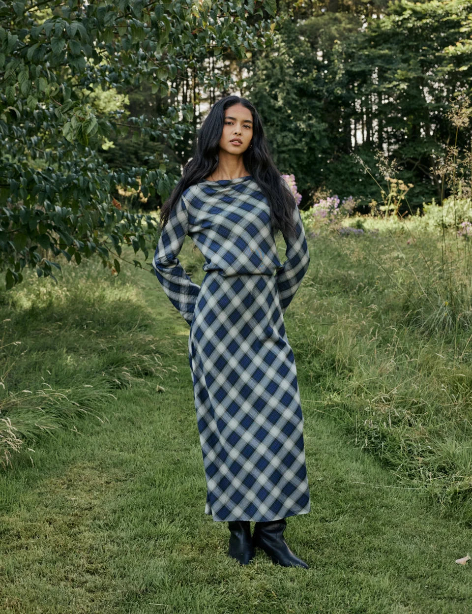 Cruz Cowl Neck Top, Navy Check