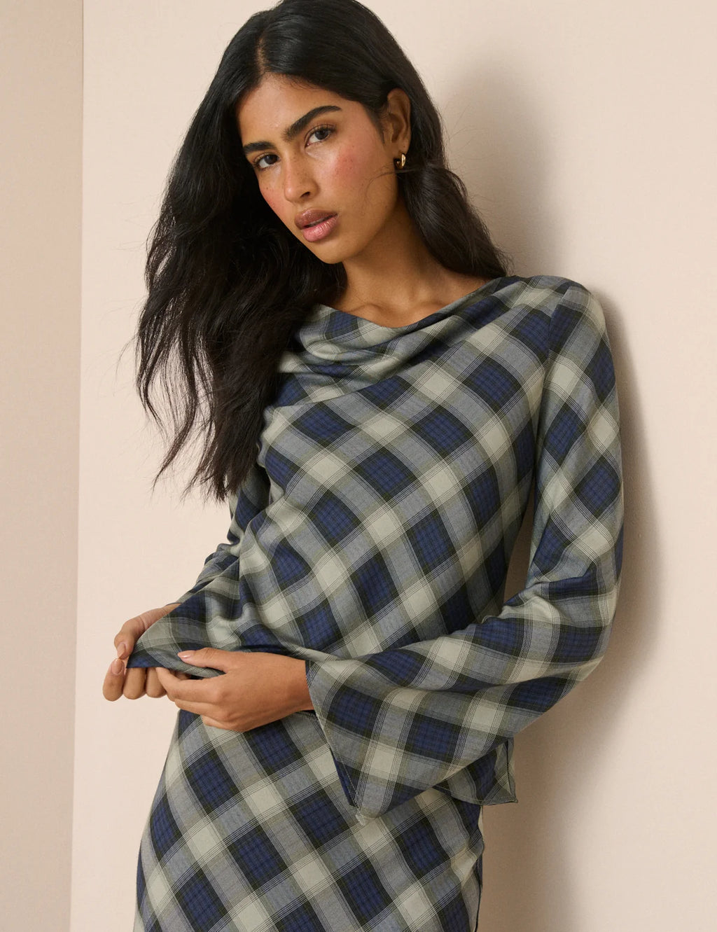 Cruz Cowl Neck Top, Navy Check