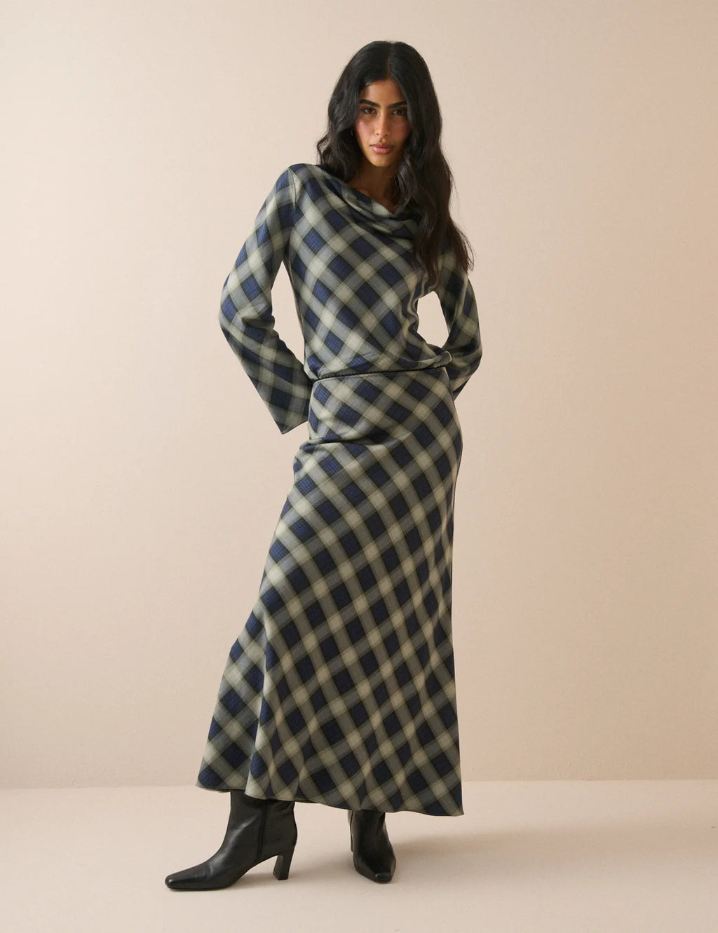 Cruz Cowl Neck Top, Navy Check