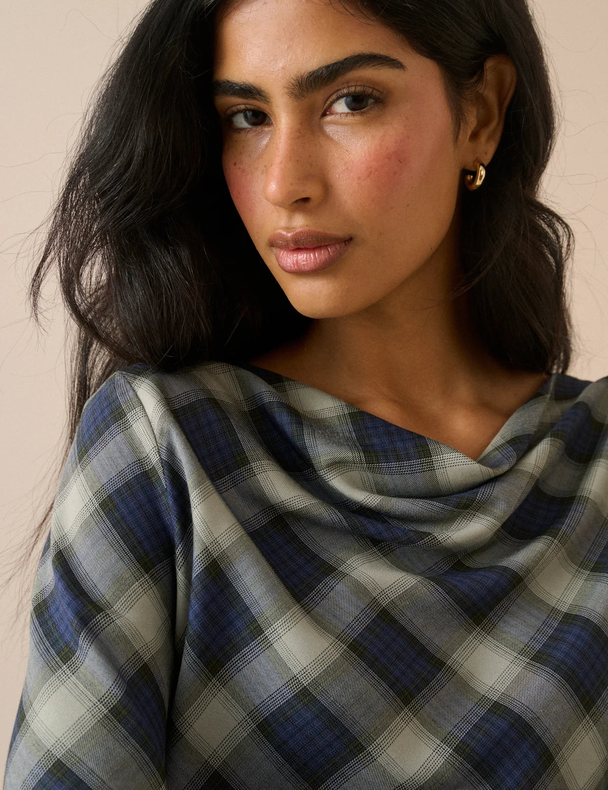 Cruz Cowl Neck Top, Navy Check