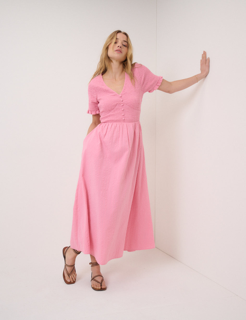 Eliza Shirred Midi Dress, Pink