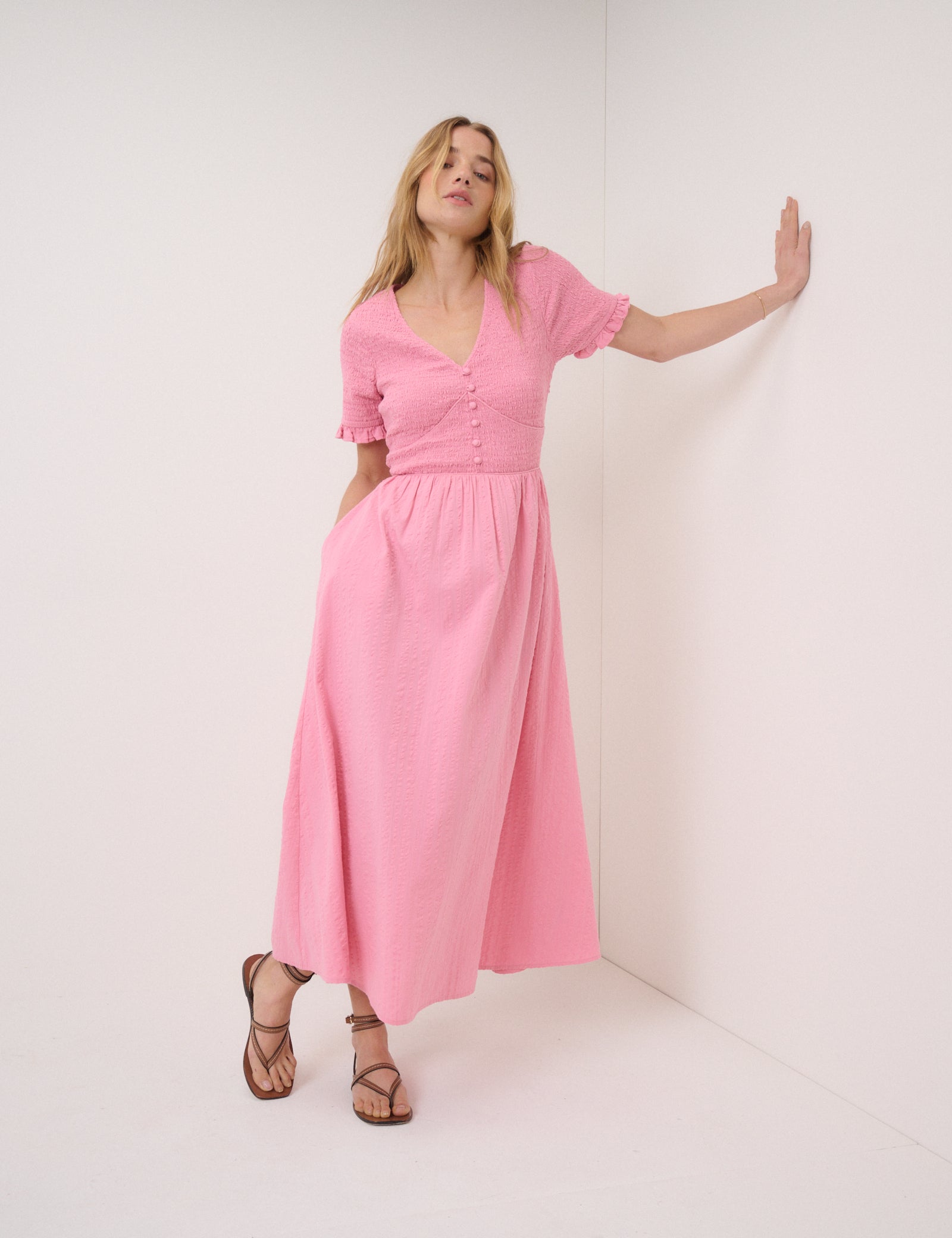 Eliza Shirred Midi Dress, Pink