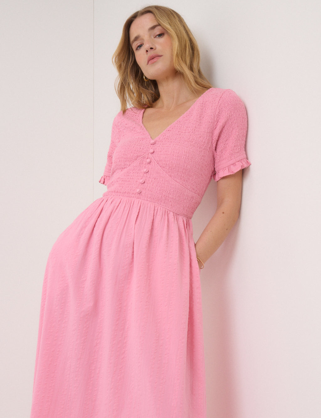 Eliza Shirred Midi Dress, Pink