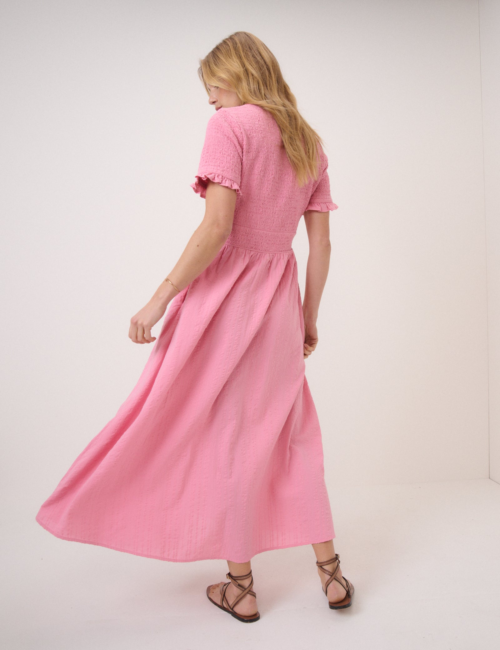 Eliza Shirred Midi Dress, Pink