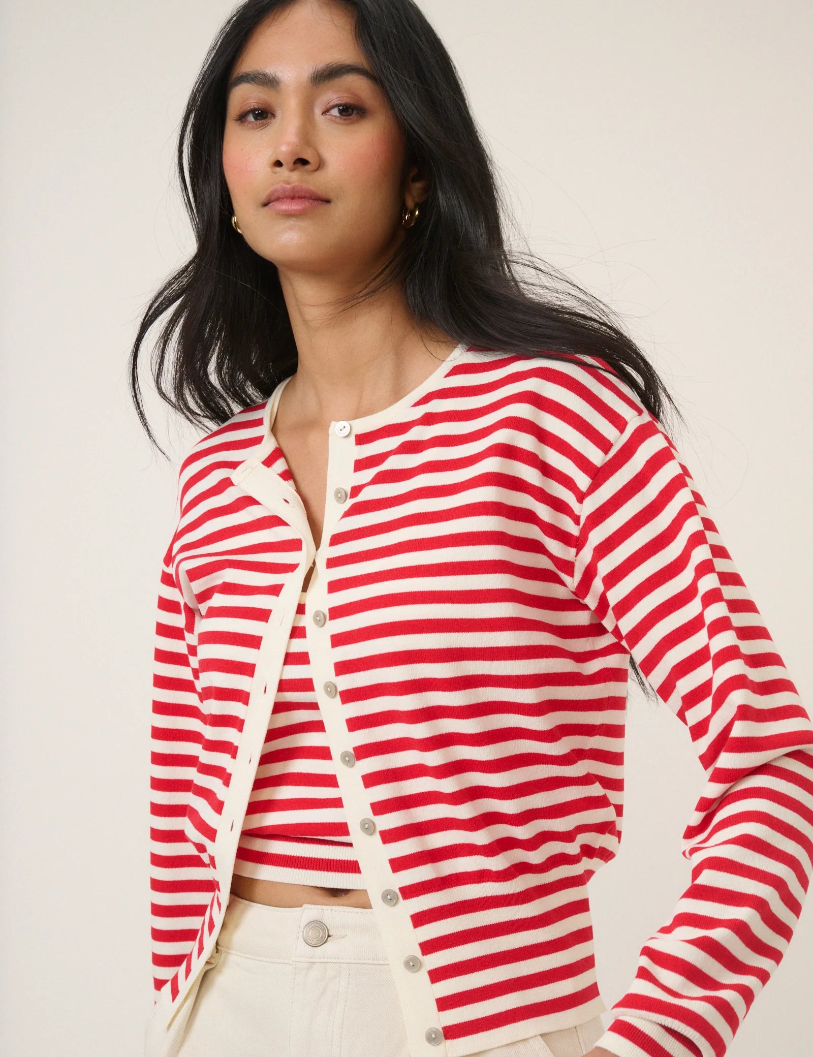 Leanne Waisted Crew Neck Cardigan, Red Stripes