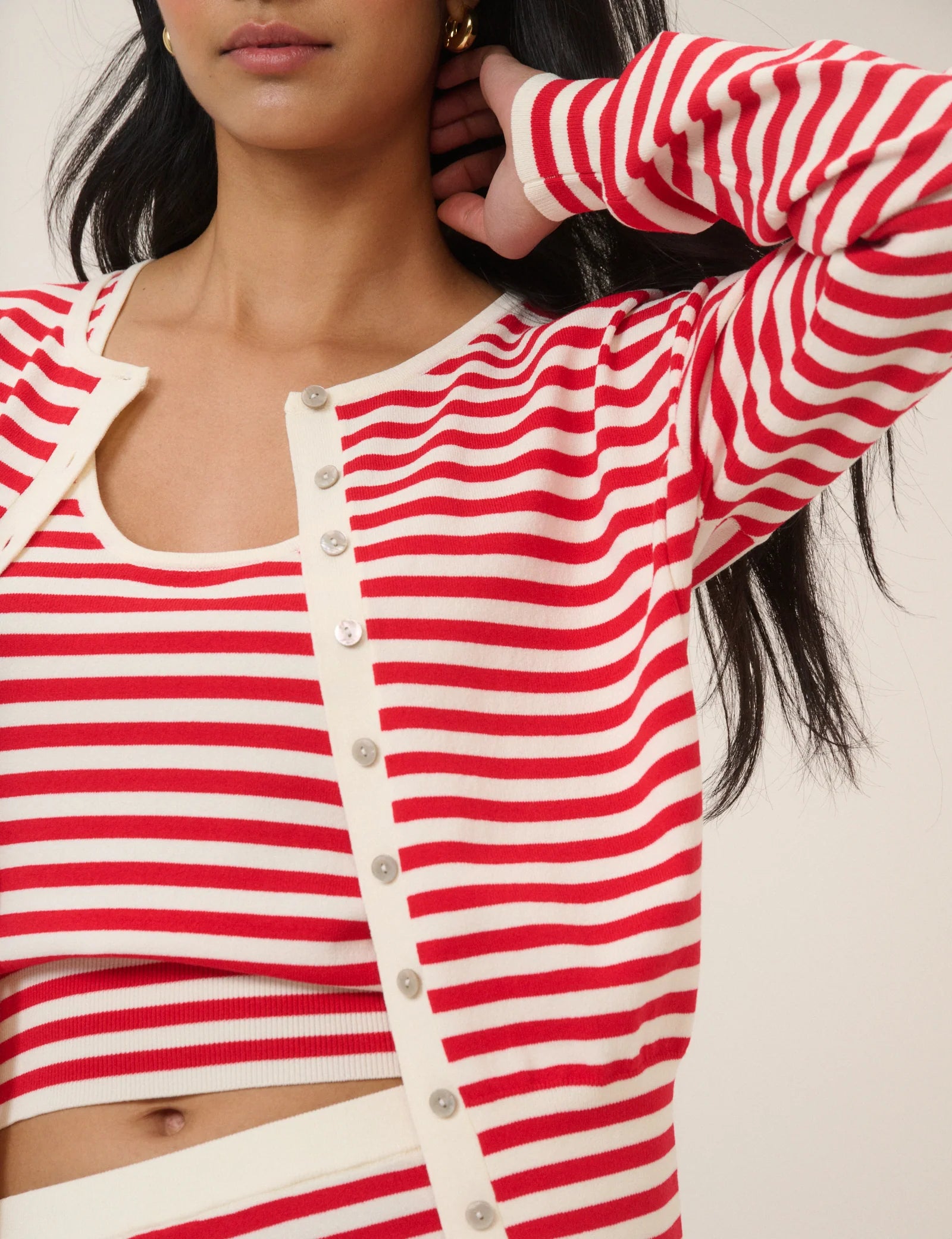 Leanne Waisted Crew Neck Cardigan, Red Stripes