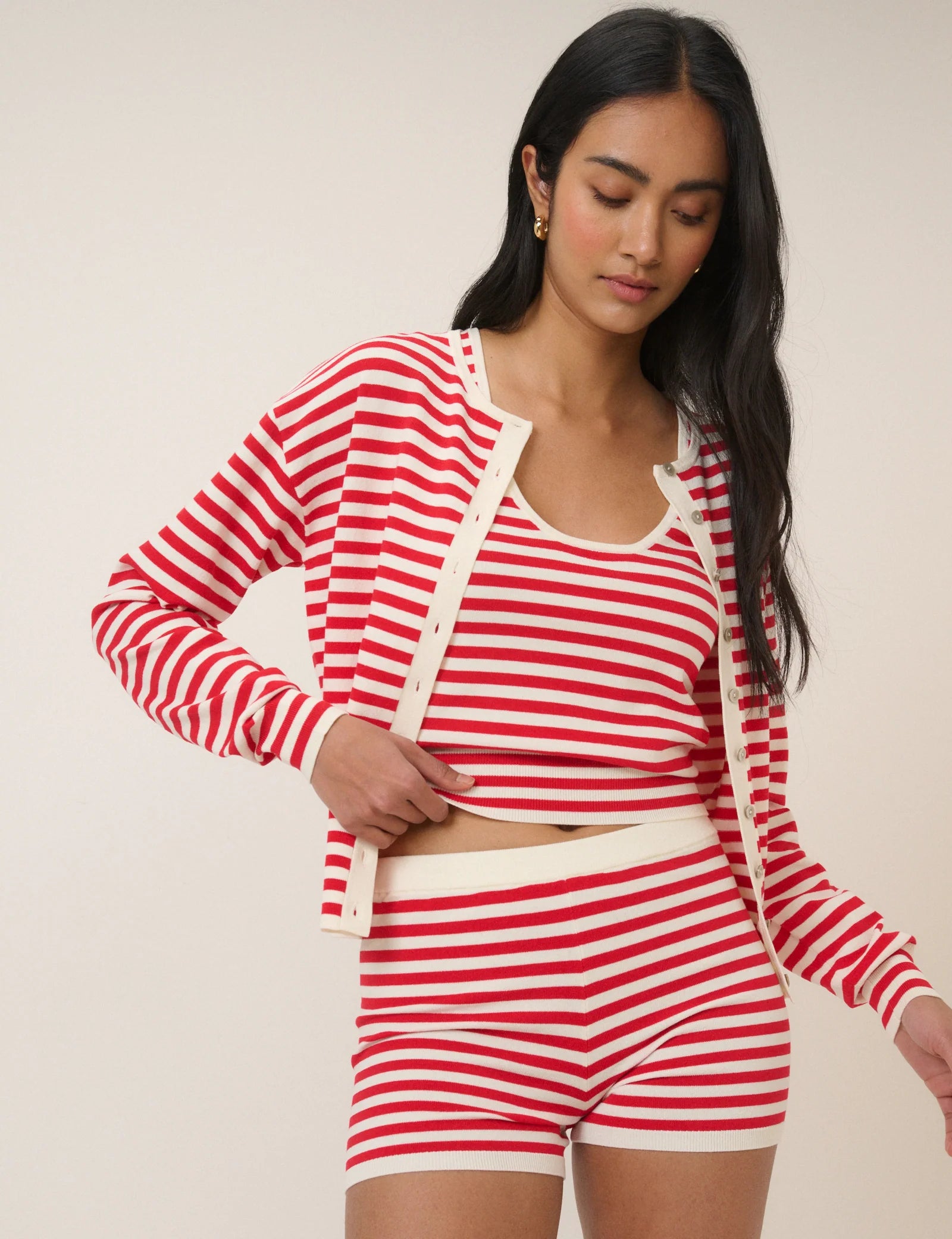 Leanne Waisted Crew Neck Cardigan, Red Stripes