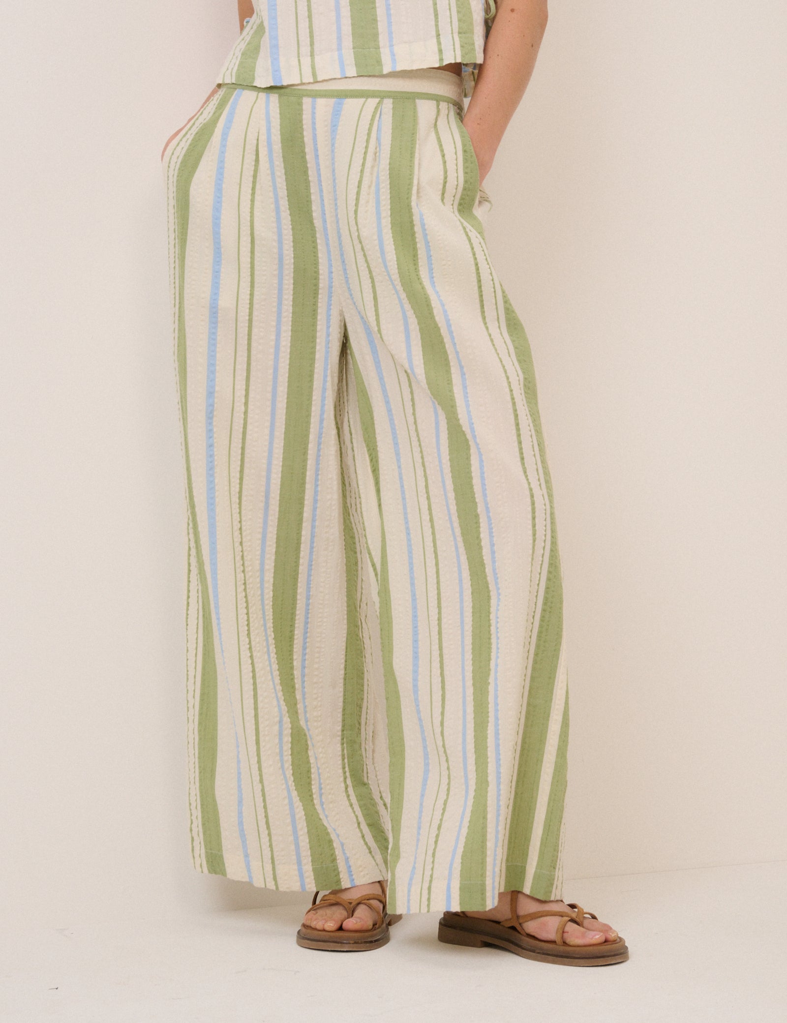 Parker Wide Leg Trouser, Green with Stripes