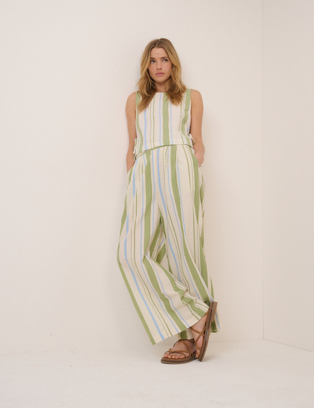 Parker Wide Leg Trouser, Green with Stripes
