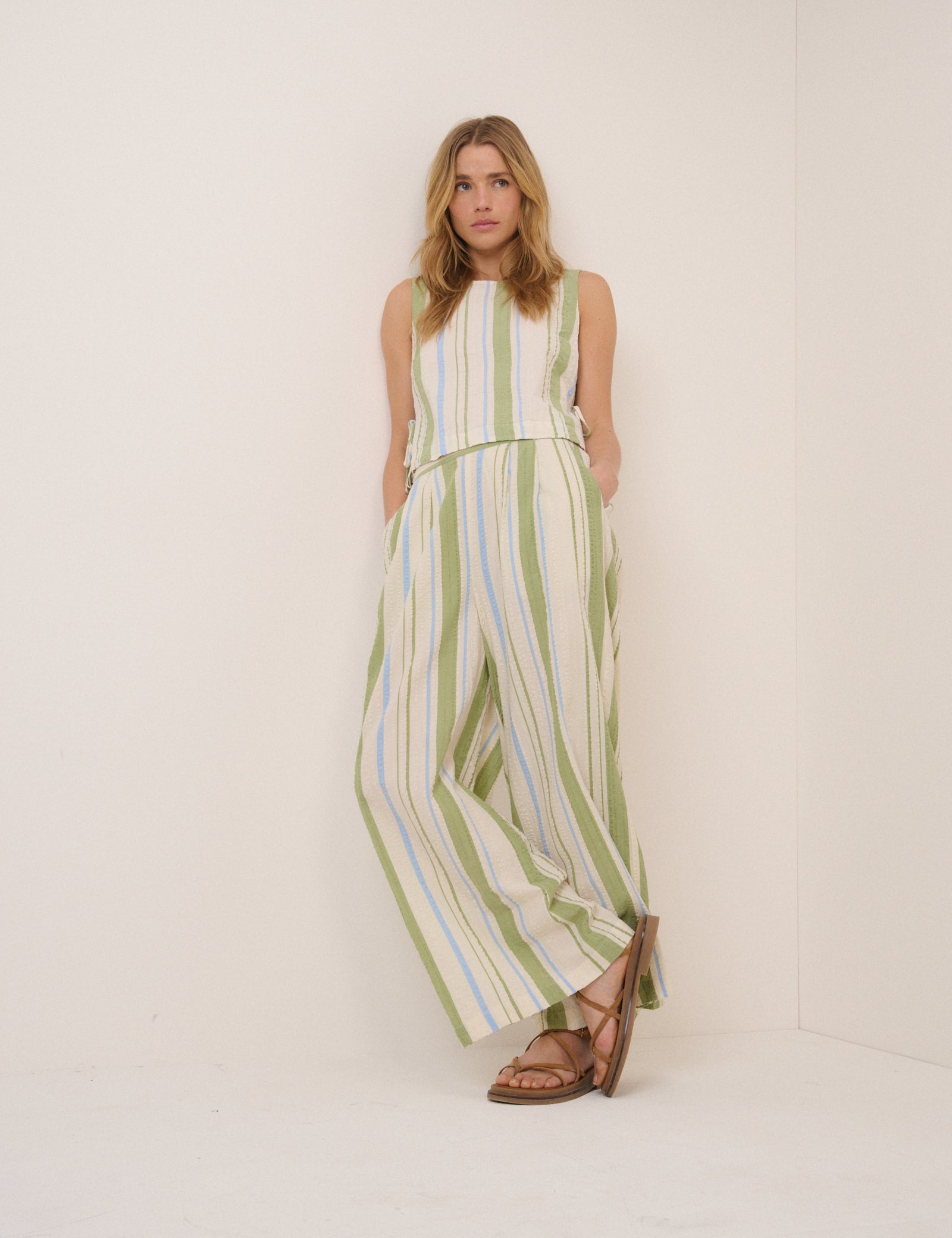 Parker Wide Leg Trouser, Green with Stripes