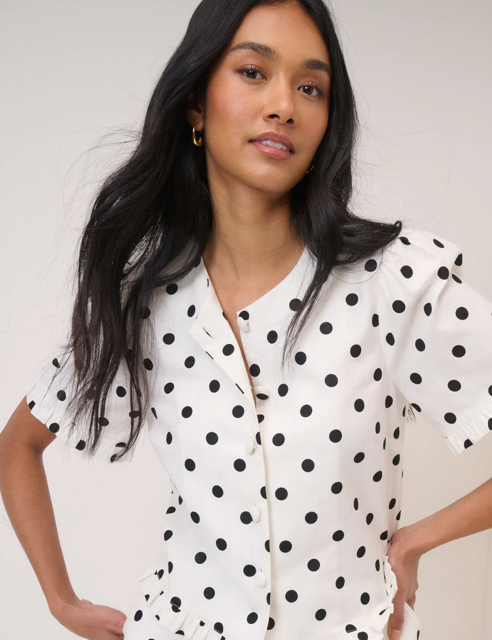 Ronne Frill Top, White with Blue Spots