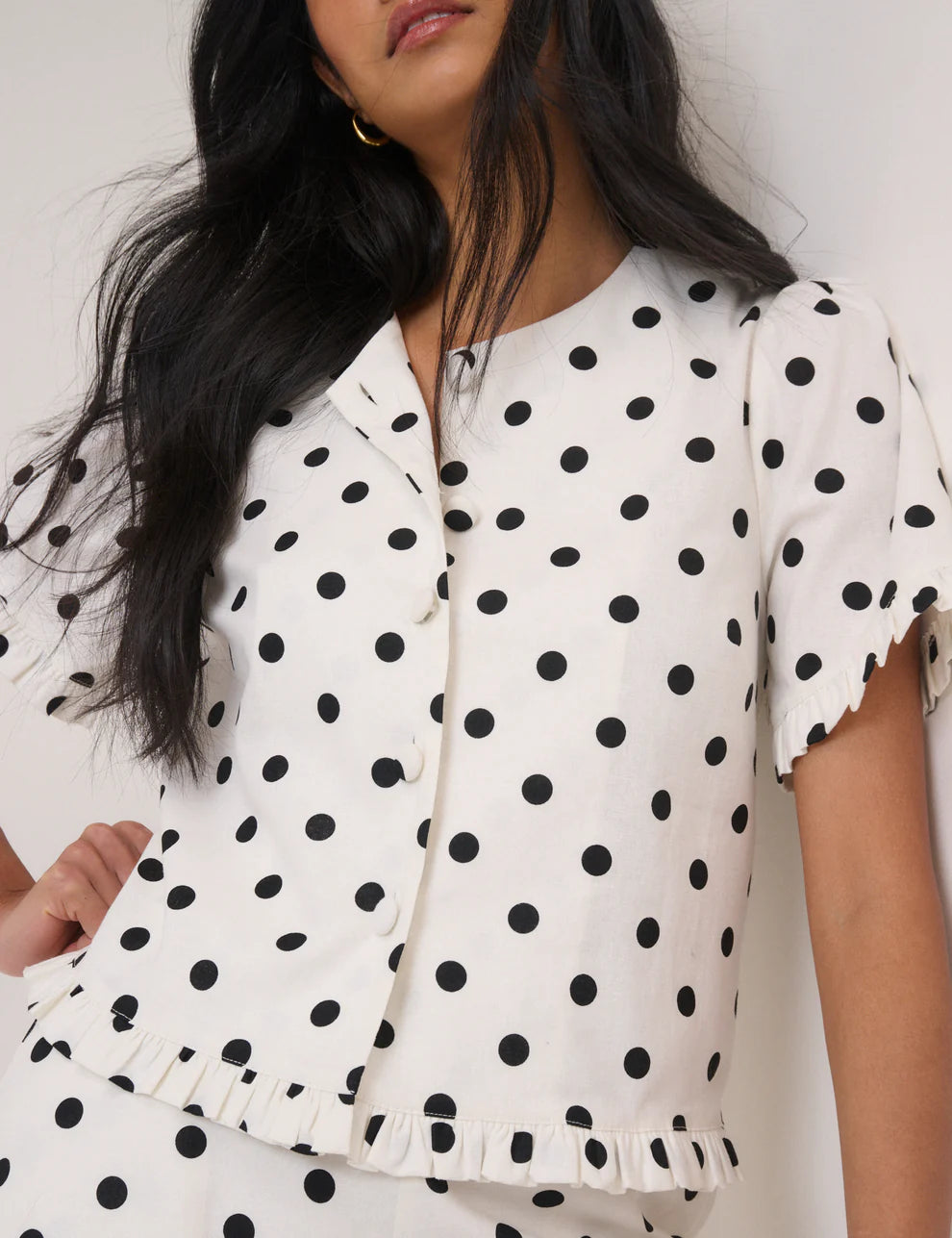 Ronne Frill Top, White with Blue Spots