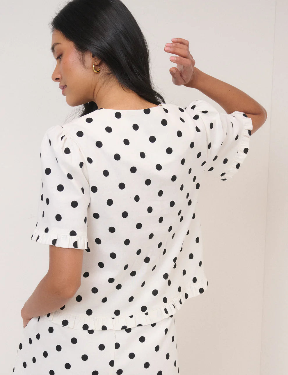 Ronne Frill Top, White with Blue Spots