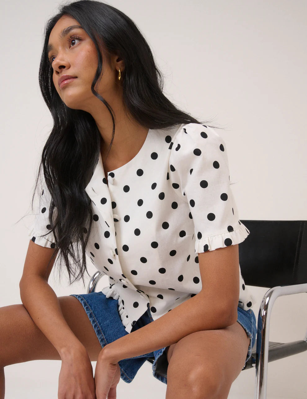 Ronne Frill Top, White with Blue Spots