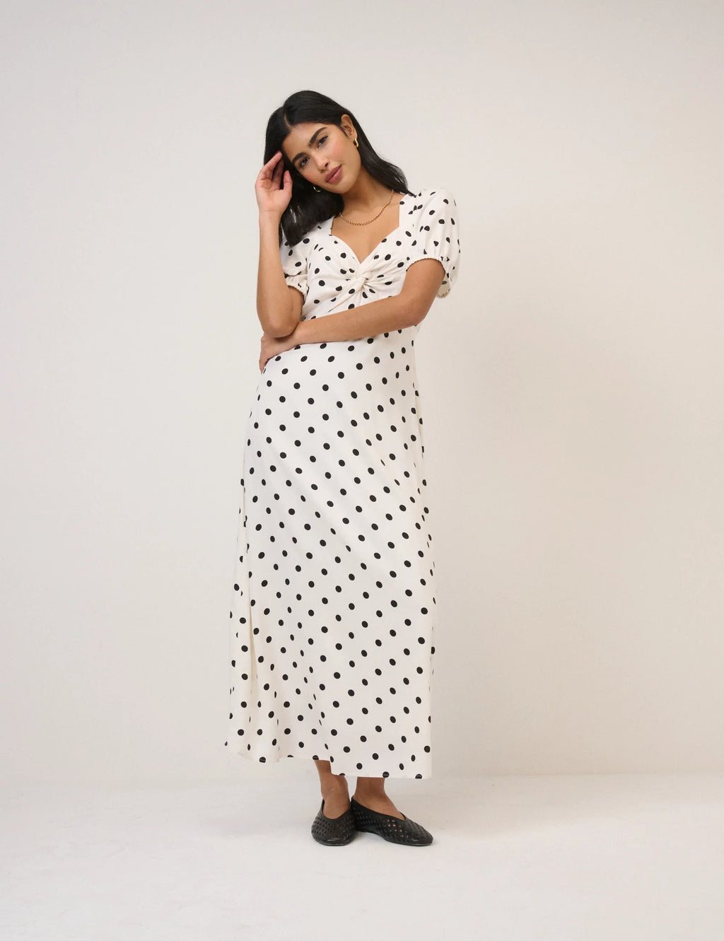 Tyla Midi Dress, White with Polka Dots