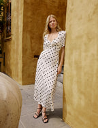 Tyla Midi Dress, White with Polka Dots