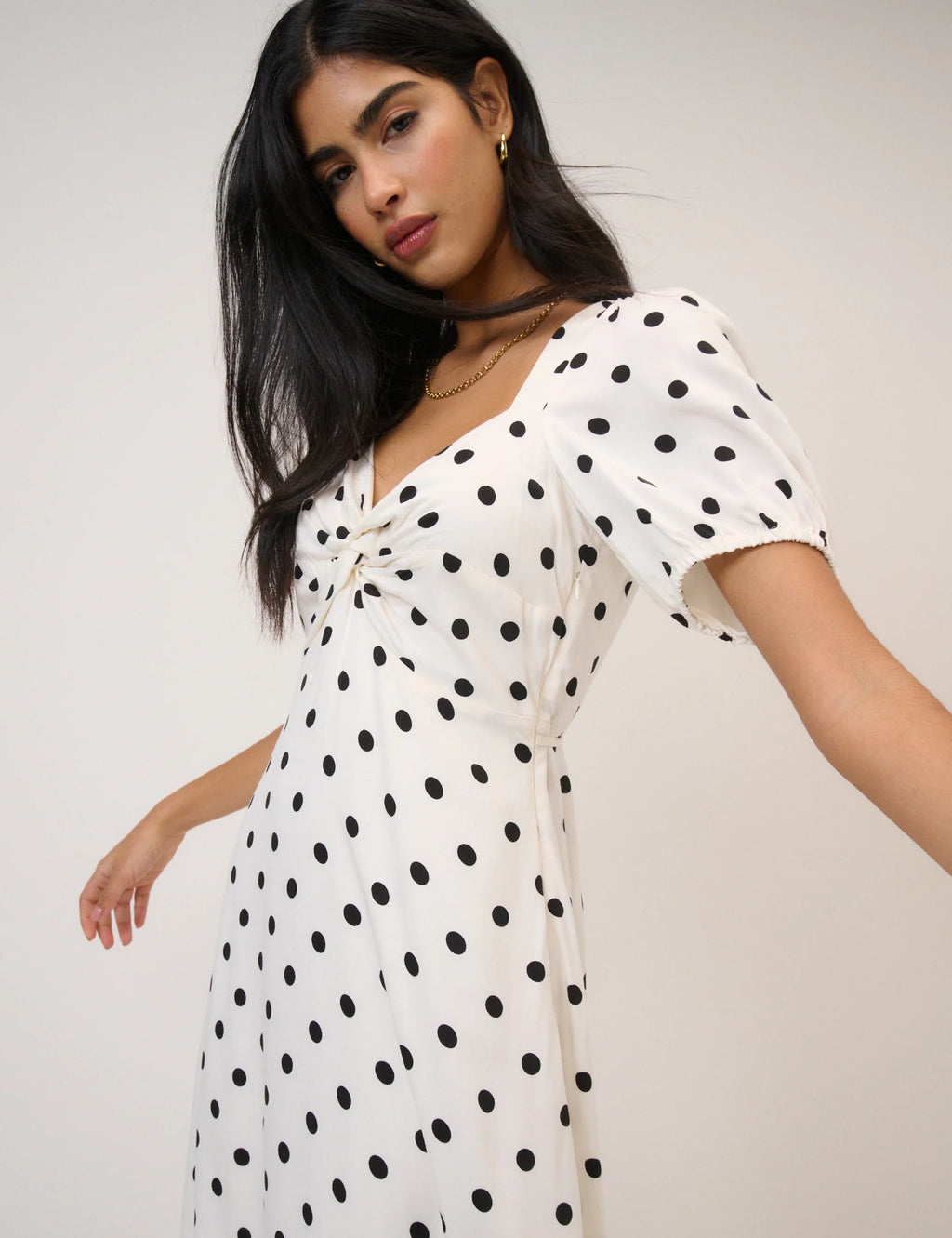 Tyla Midi Dress, White with Polka Dots
