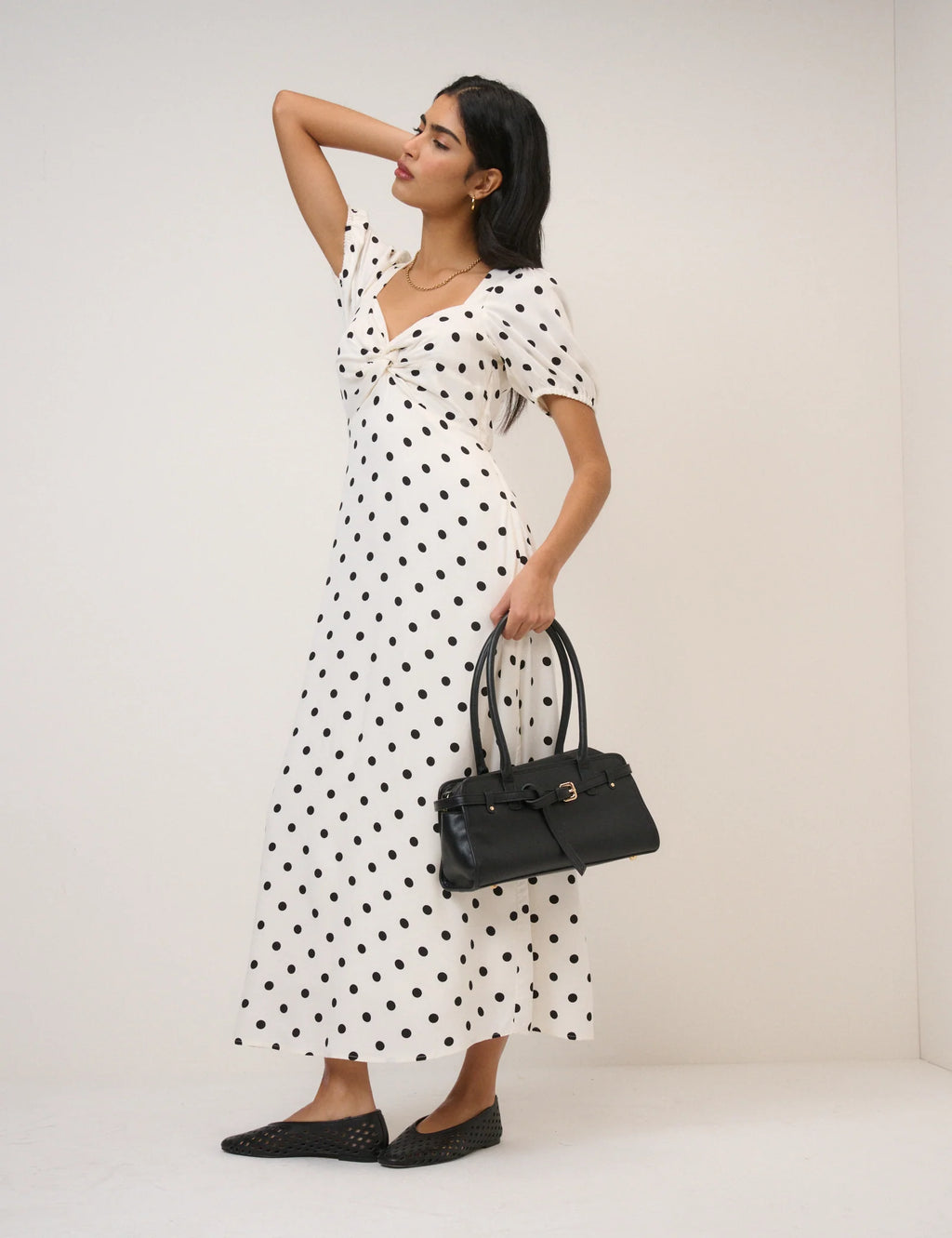 Tyla Midi Dress, White with Polka Dots