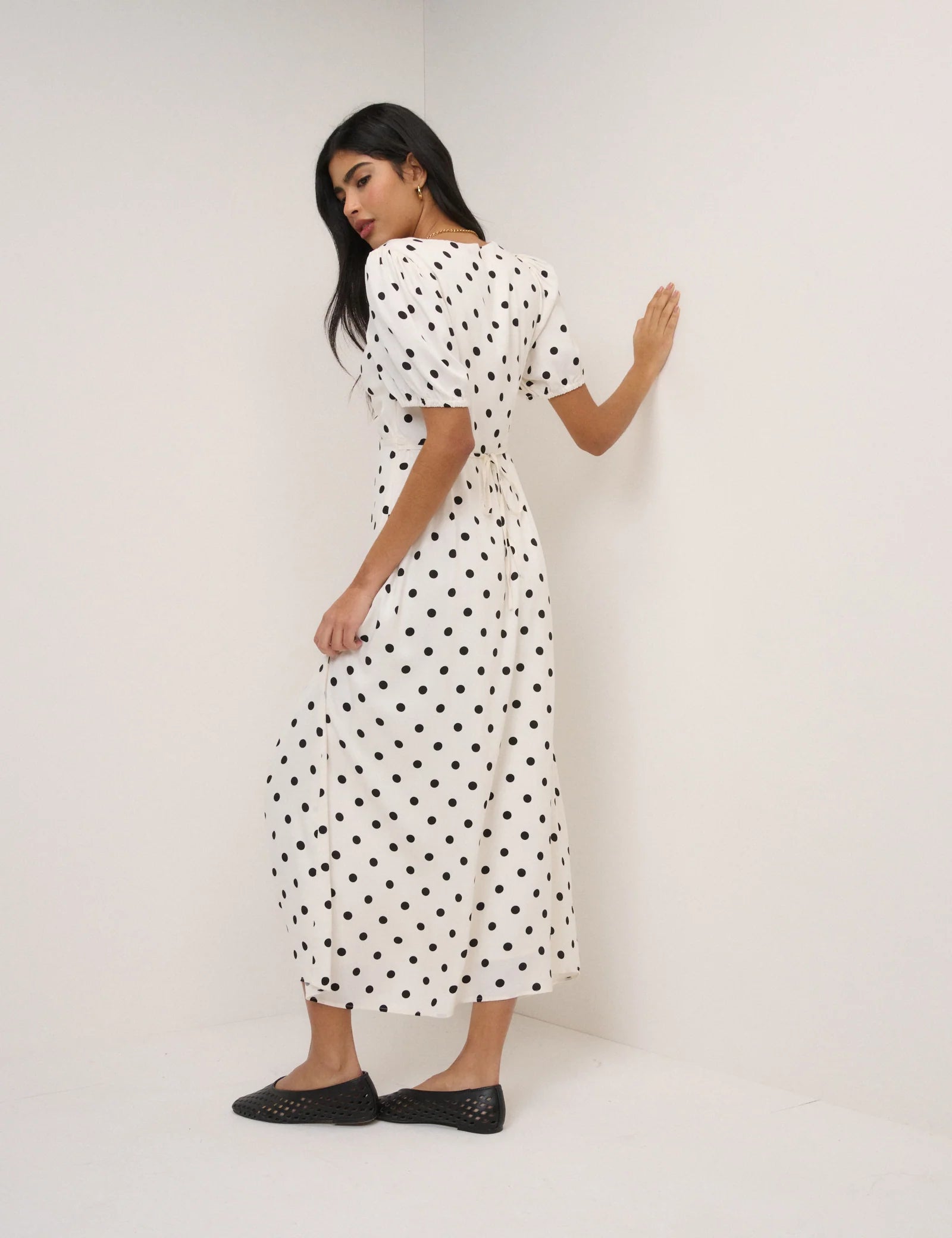 Tyla Midi Dress, White with Polka Dots