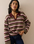 V-Neck Collared Jumper, Brown Striped