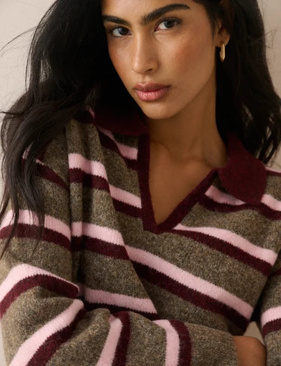 V-Neck Collared Jumper, Brown Striped