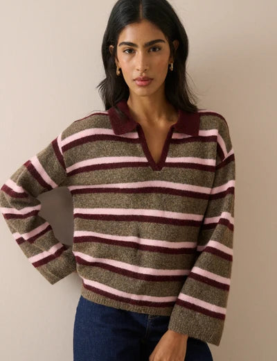 V-Neck Collared Jumper, Brown Striped
