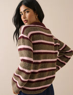 V-Neck Collared Jumper, Brown Striped