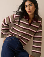 V-Neck Collared Jumper, Brown Striped