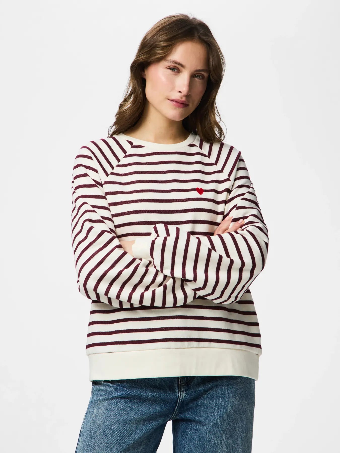 Greta Long-Sleeved Embellished Sweatshirt, Cloud Dancer and Tawny Port Stripes
