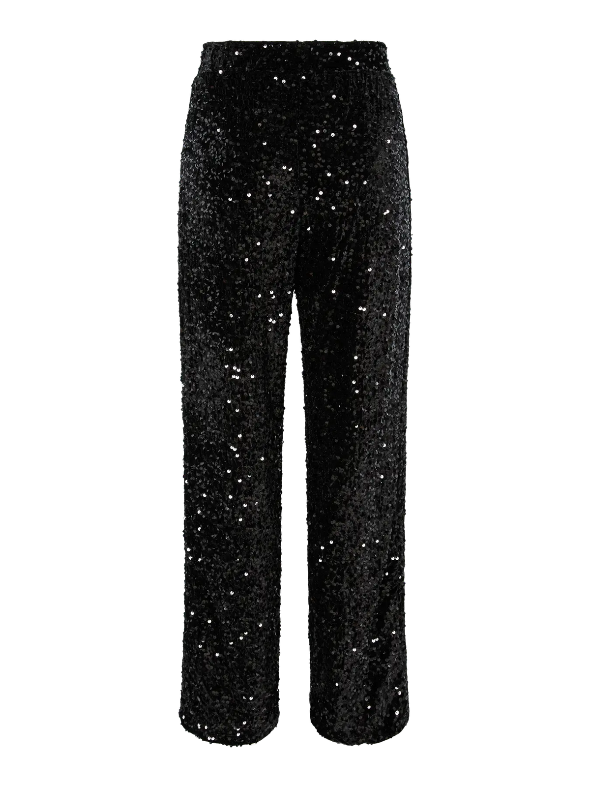 Front product view of Kam high-waisted black sequinned wide-leg trousers.