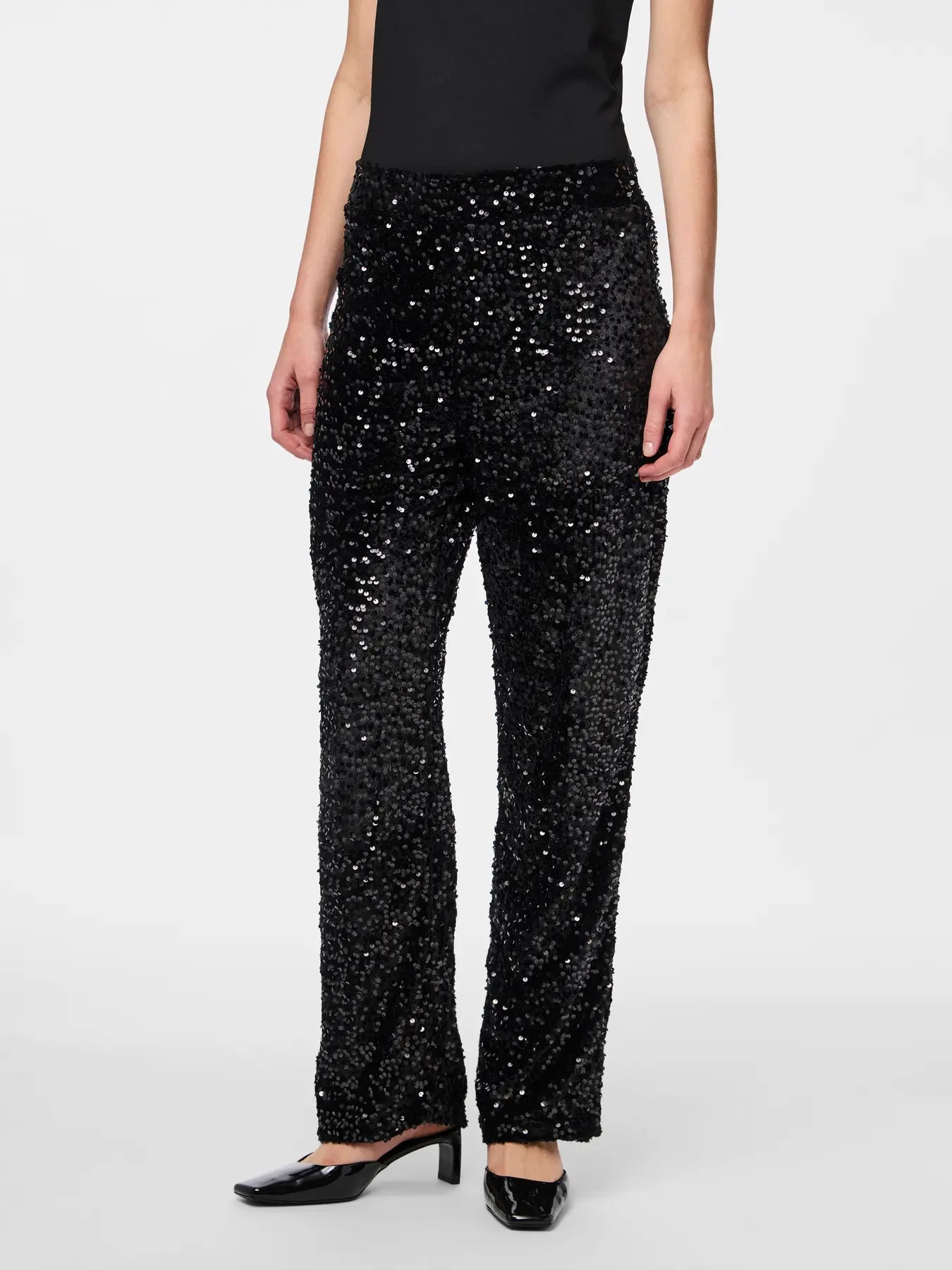 Kam High-Waisted Wide Trouser, Black Sequins