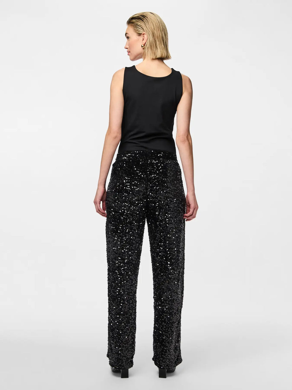 Kam High-Waisted Wide Trouser, Black Sequins