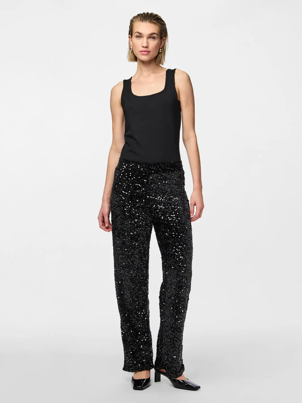 Kam High-Waisted Wide Trouser, Black Sequins