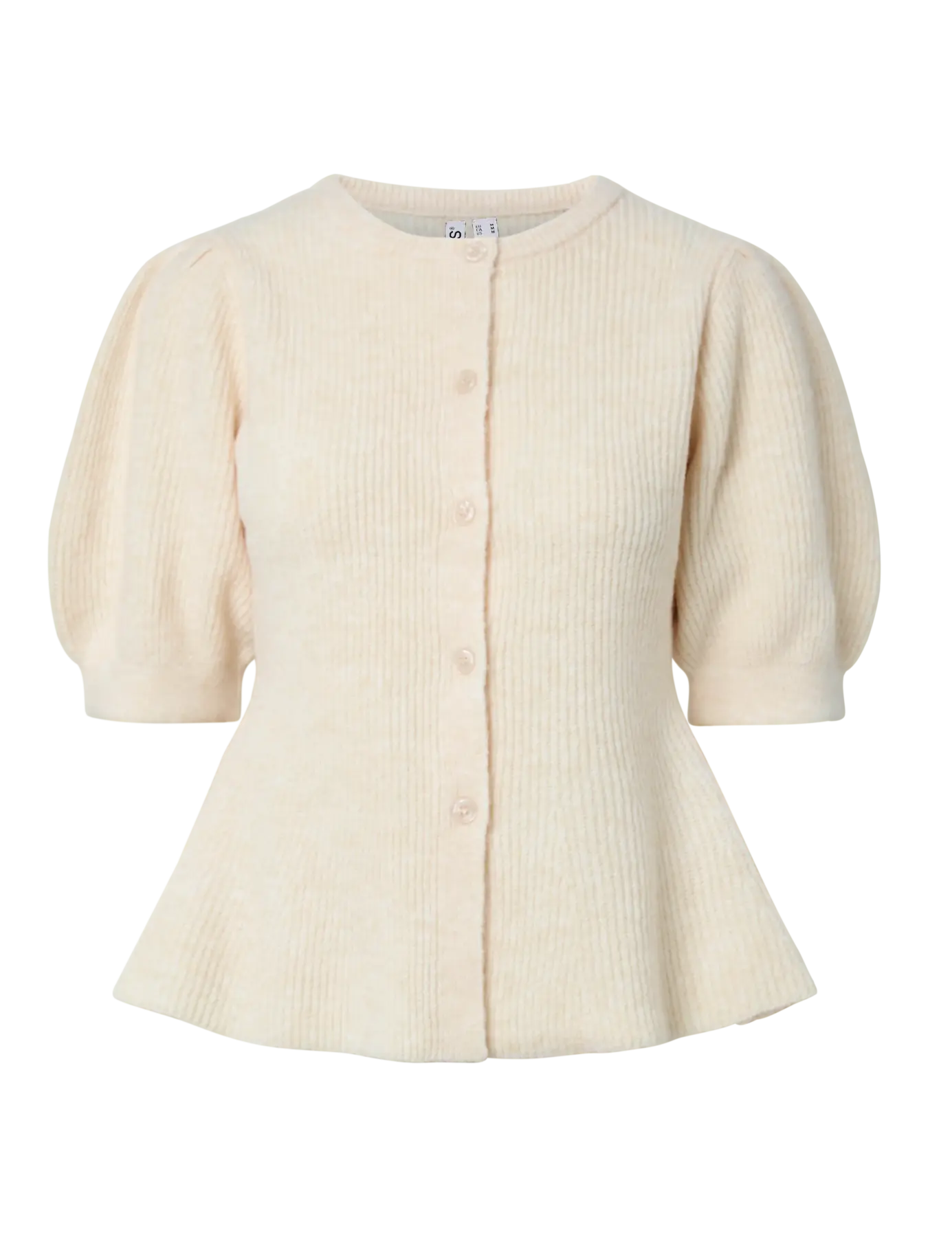 Sally Short-Sleeved Puff Knit Cardigan, Birch Melange