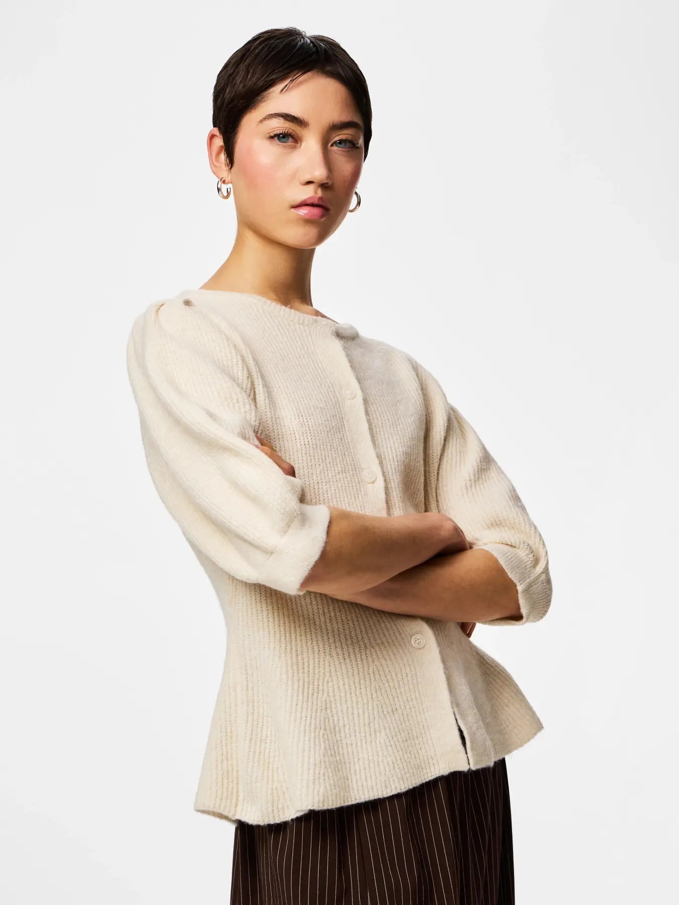 Sally Short-Sleeved Puff Knit Cardigan, Birch Melange