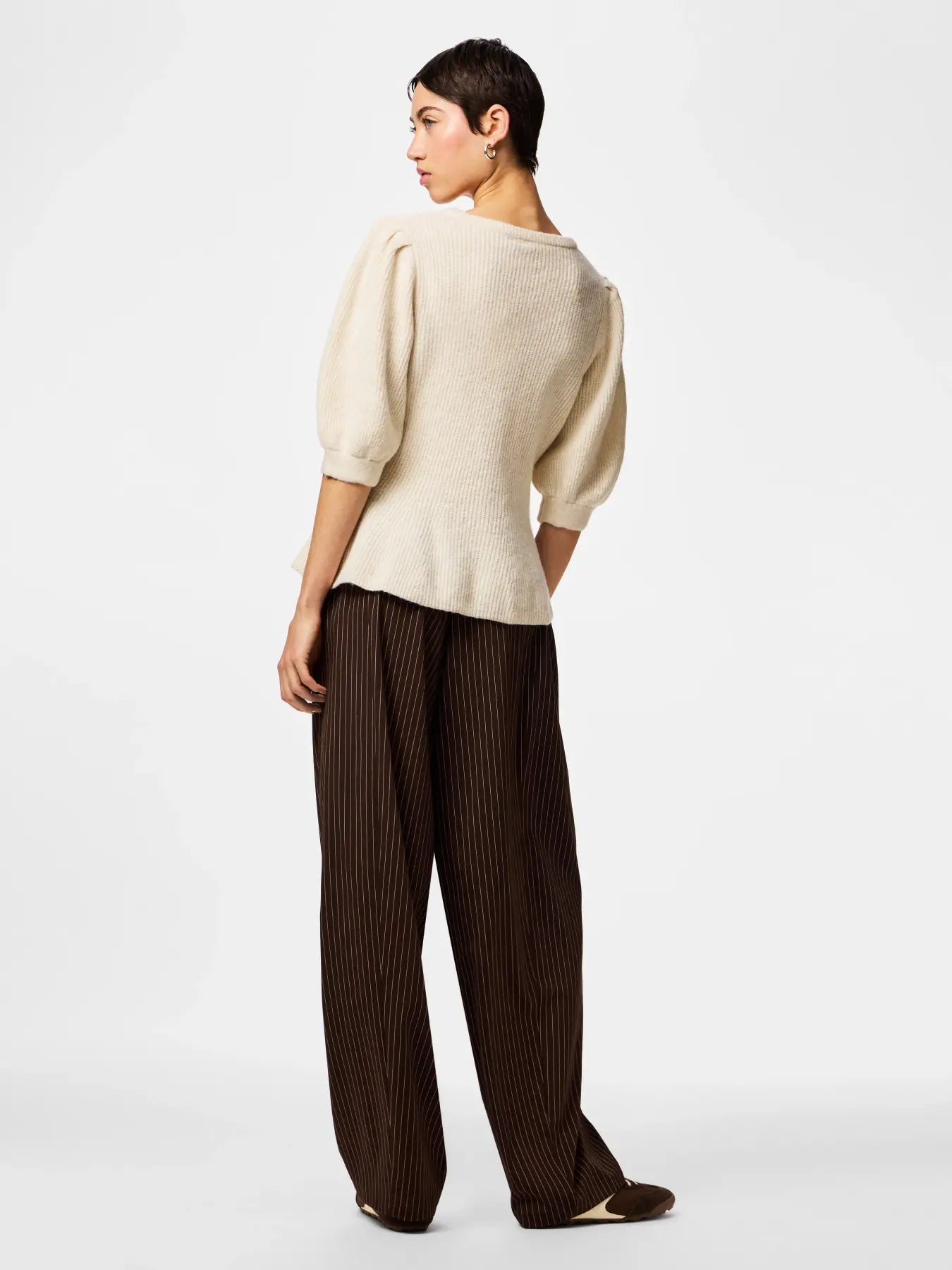 Sally Short-Sleeved Puff Knit Cardigan, Birch Melange