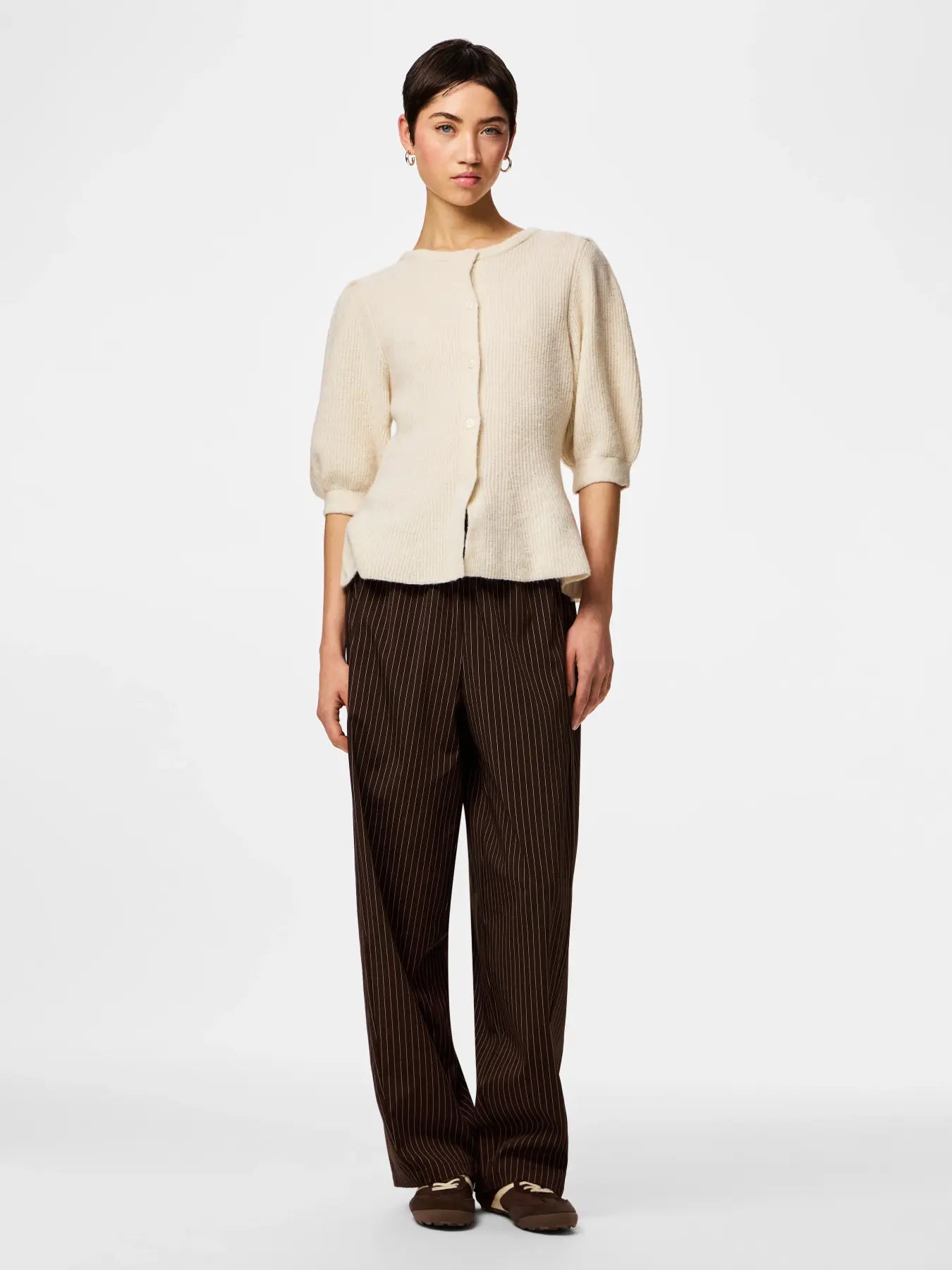 Sally Short-Sleeved Puff Knit Cardigan, Birch Melange