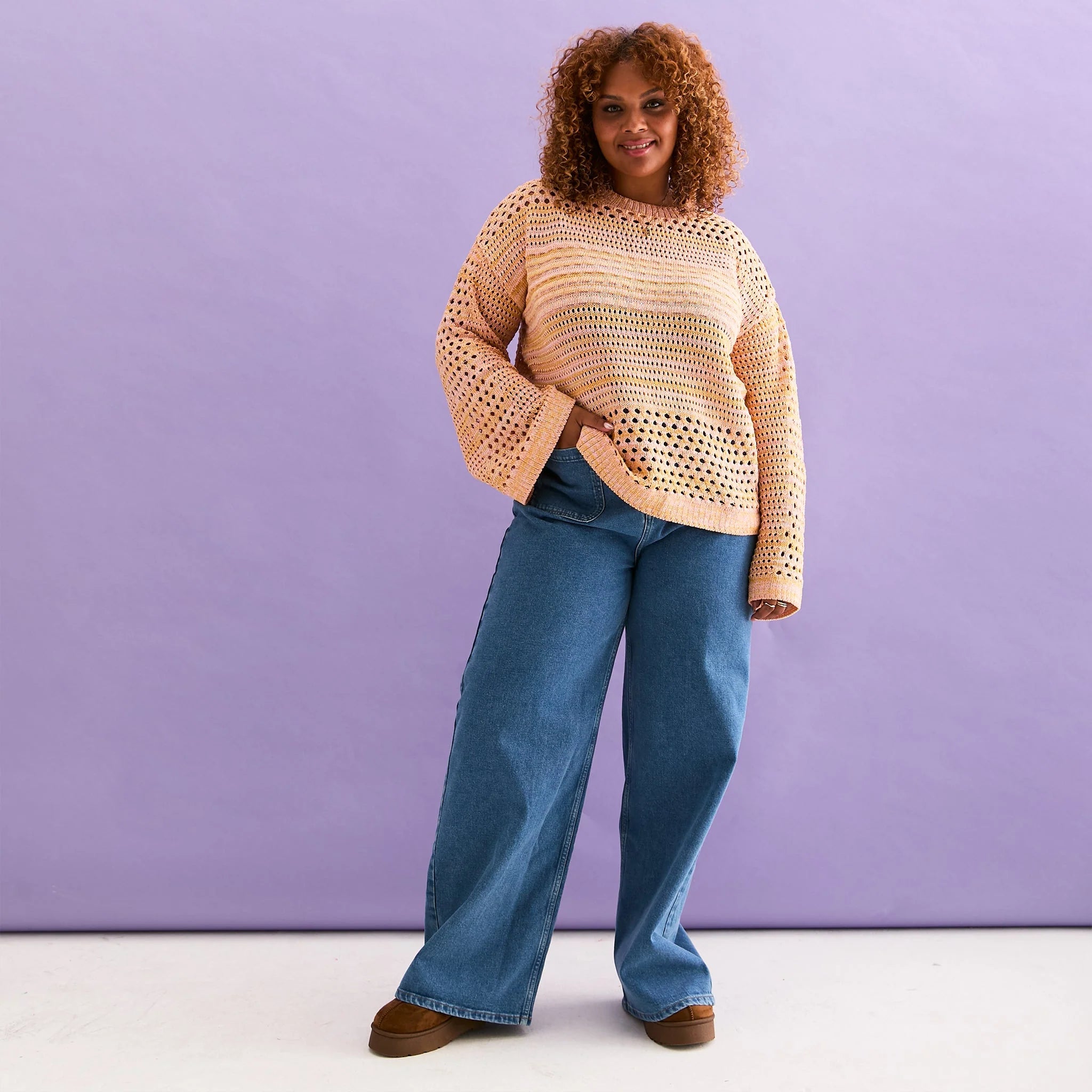 Gala Pointelle Wide Sleeve Jumper, Orange