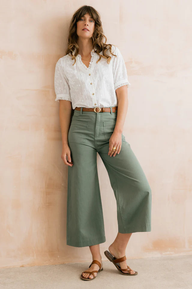 Amelia Cropped Wide Leg Trousers, Laurel Green