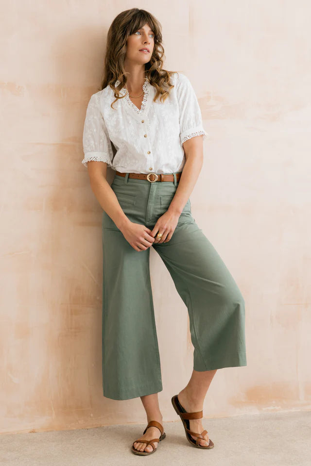 Amelia Cropped Wide Leg Trousers, Laurel Green