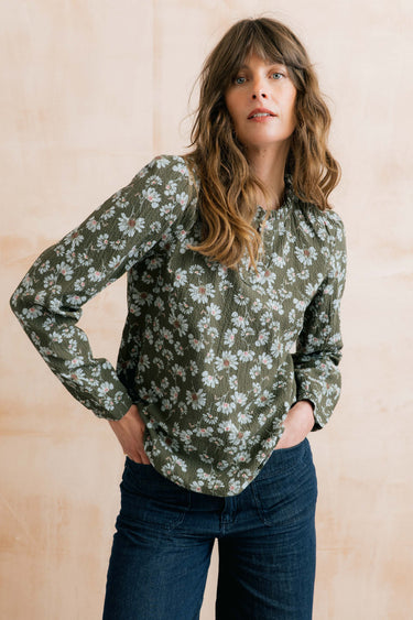 Emily Textured Crepe Printed Blouse, Olive