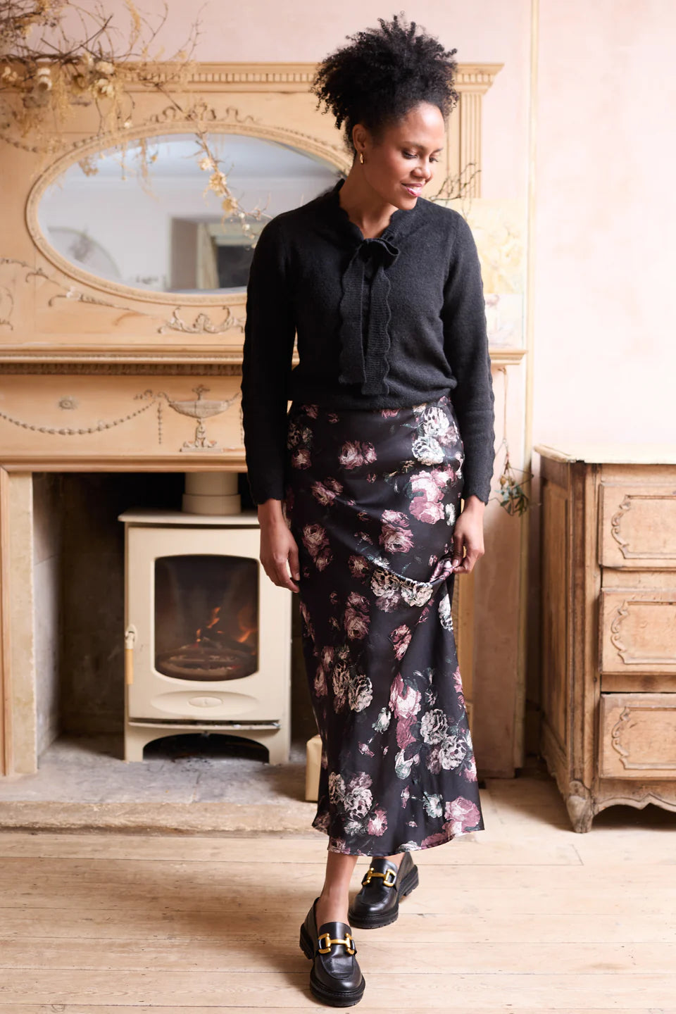 Evelyn Floral Print Satin Midi Skirt, Black