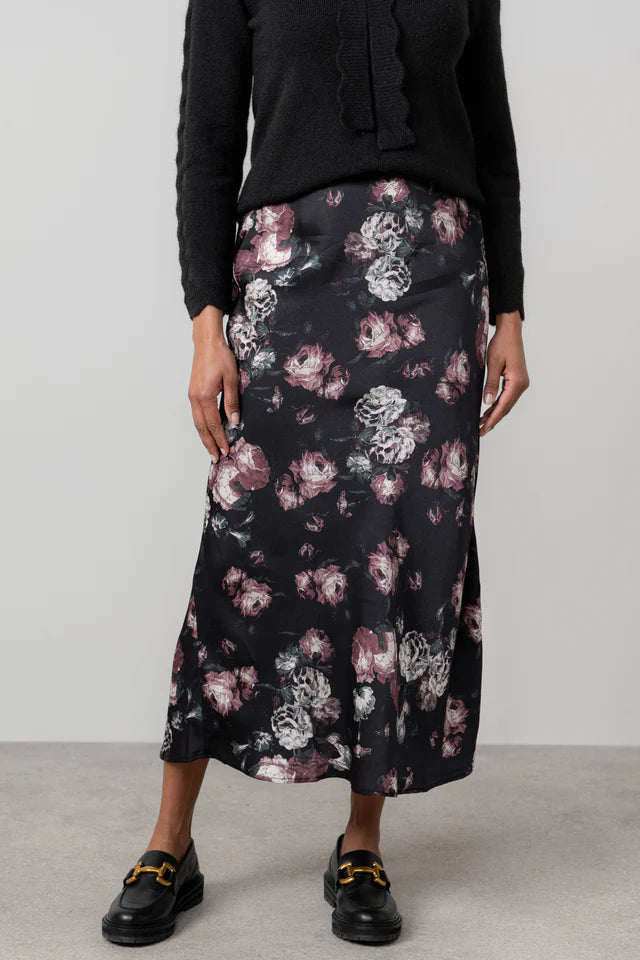 Evelyn Floral Print Satin Midi Skirt, Black